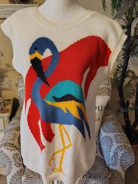 Vintage Cream Pullover 80s Sweater with Colorful Flamingo Motif